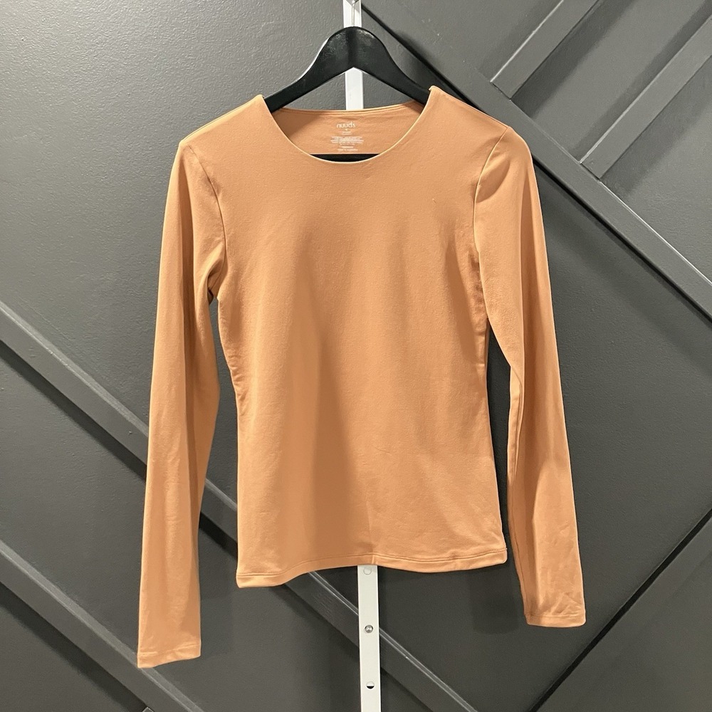 Nuuds S Brown Tan Long Sleeve Second Skin Stretch Fitted Crew Neck Top
